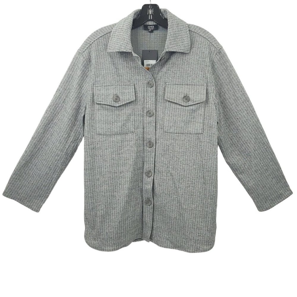 Jones New York Signature Button Front Jacket S Shacket Flap Pockets Gray Combo